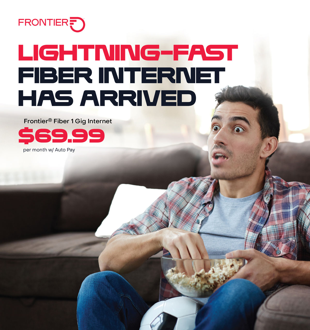 Excited Latino man watching soccer with headline Lightning-fast fiber internet has arrived.